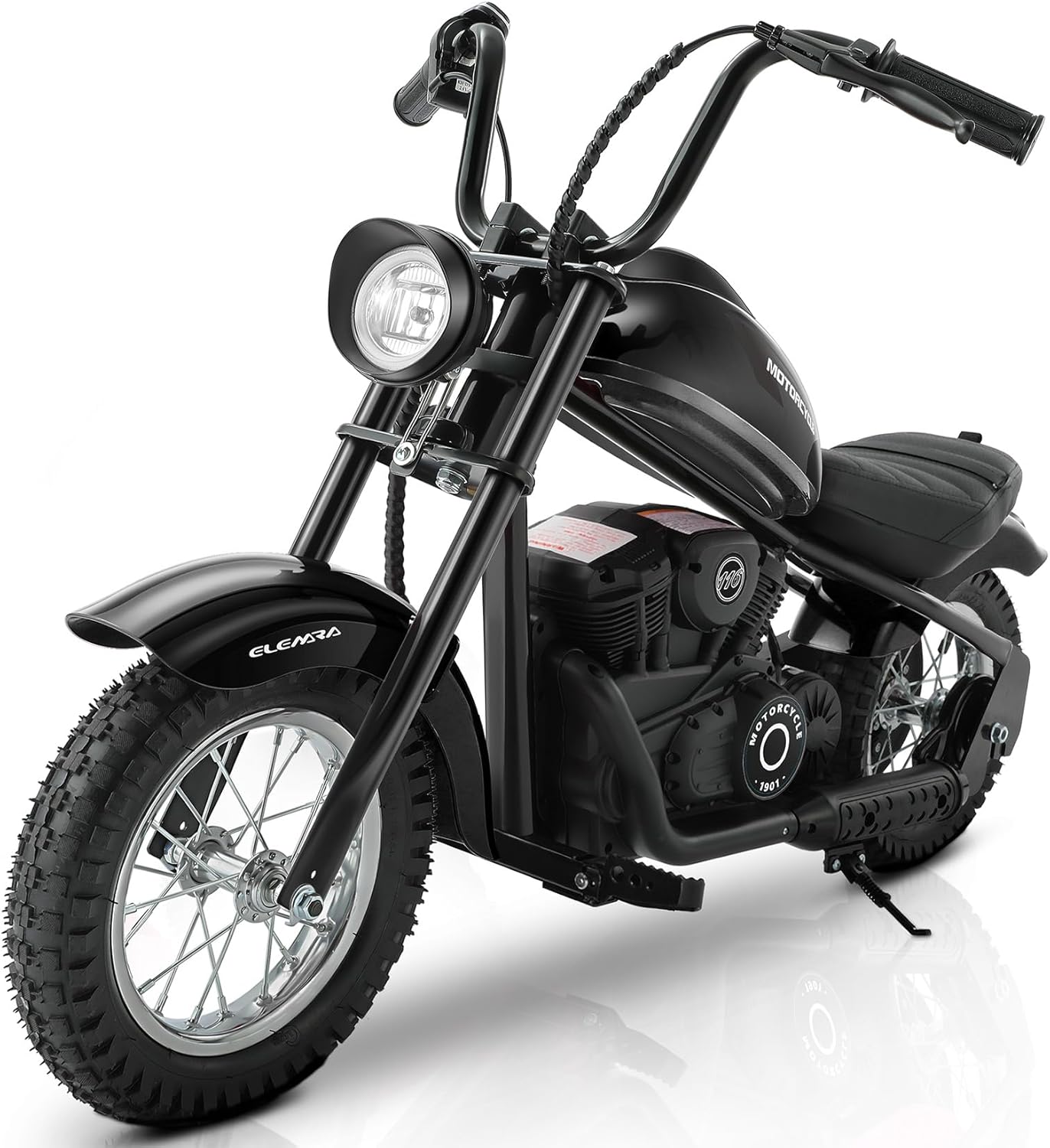 ELEMARA Electric Dirt Bike, 15 mph & 150lb Max, 24V Ride on Toy for Big Kids w/LED Lights & Power Display,Chain-Driven Motor,Twist-Grip Throttle, Shock Springs,Handbrake,12' Air-Filled Tires-Black
