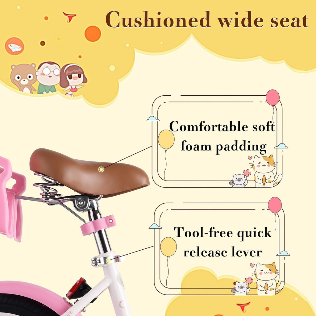 RULLY 14 Inch Unicorn Kids Bike for 3 4 5 Years Girls with Training Wheels & Front Handbrake, Kids Bicycle with Basket Toddler Bike, White