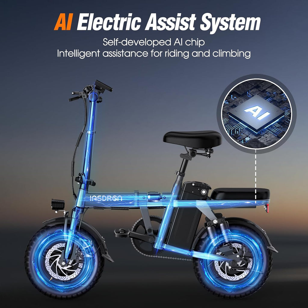 INSDRGN Electric Bike for Adults and Teens, 14' Folding E Bikes, 650W Peak Motor, 48V 499Wh/768Wh Removable Battery, 28-50 Miles PAS Range, 20MPH Electric Mountain Bike, 9 Shock Absorbers, UL 2849