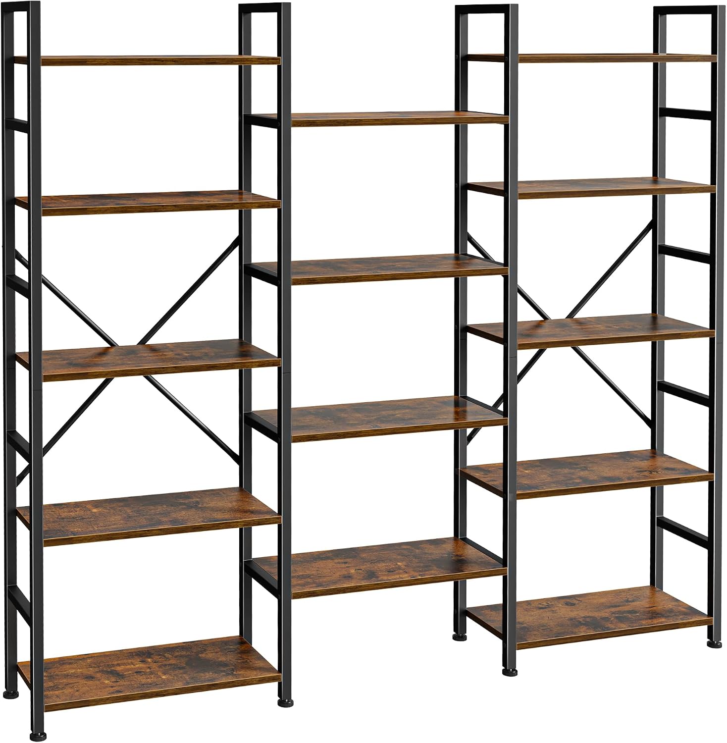 SUPERJARE Triple Bookshelf, Bookcase with 14 Open Display Shelves, Wide Book Shelf Book Case for Home & Office, 5 Tier, Brown