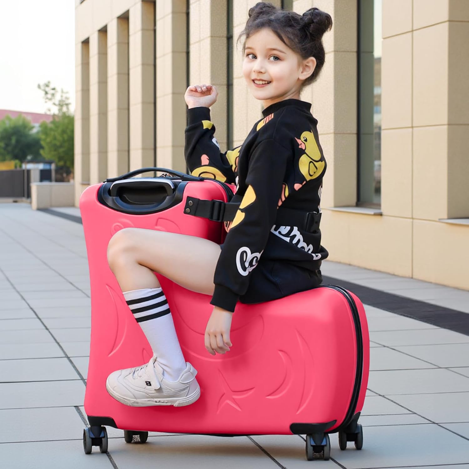Toddler Luggage Ride On Suitcase for Kids with 4 Spinner wheels, Hardside Travel Luggage for Boys and Girls Ages 2-12 (Fuchsia Red, 20 inch ride on luggage)