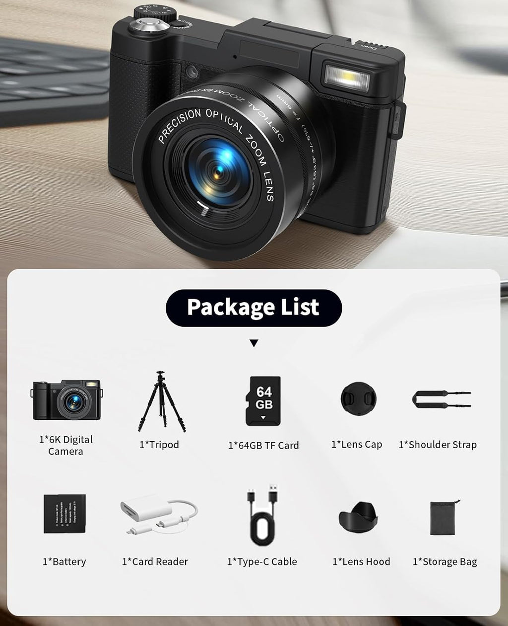 FLATIC 6K Digital Camera, 75MP Cameras for Photography with 8X Optical Zoom & Tripod, Anti-Shake Vlogging Camera with 3' 180° Flip Screen, 64GB Card, Card Reader, Vlog Travel Cameras for Teens