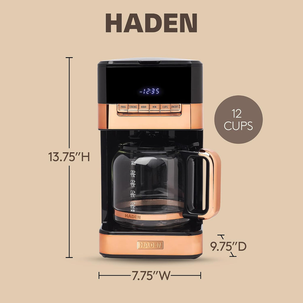 HADEN Quintessential 12 Cup Brew Coffee Maker, 120 Min Keep Warm, Delay Brew, Adjustable Strength, Programmable Clock, 30s Anti Drip, Black/Copper