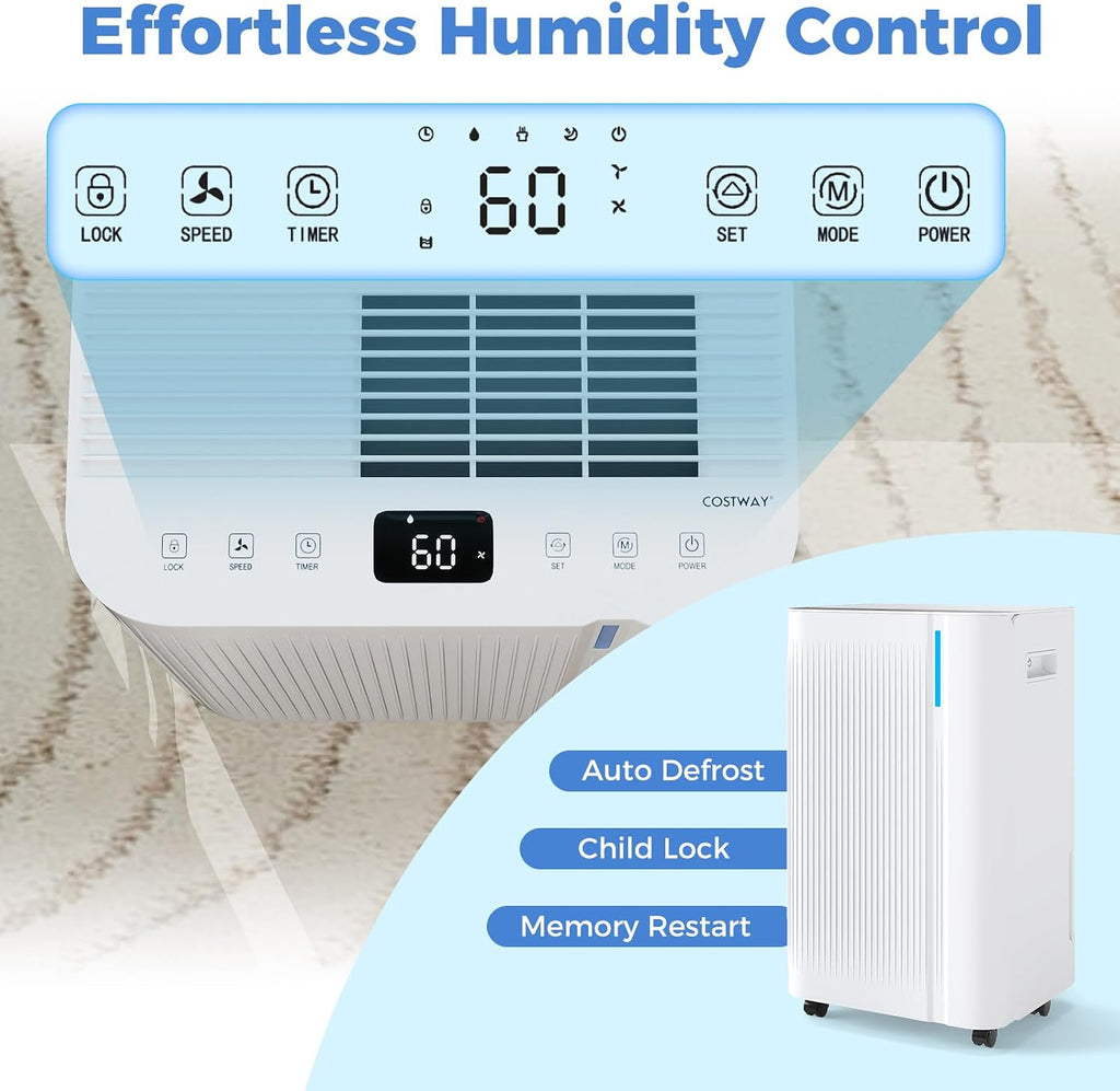 COSTWAY 54 Pints Dehumidifier for Basement, 4500 Sq.Ft Portable Dehumidifier with Drain Hose, 1.1 Gal Water Tank, 3 Modes, 24 H Timer, 3-Color Light, Auto Defrost, Memory, Child Lock