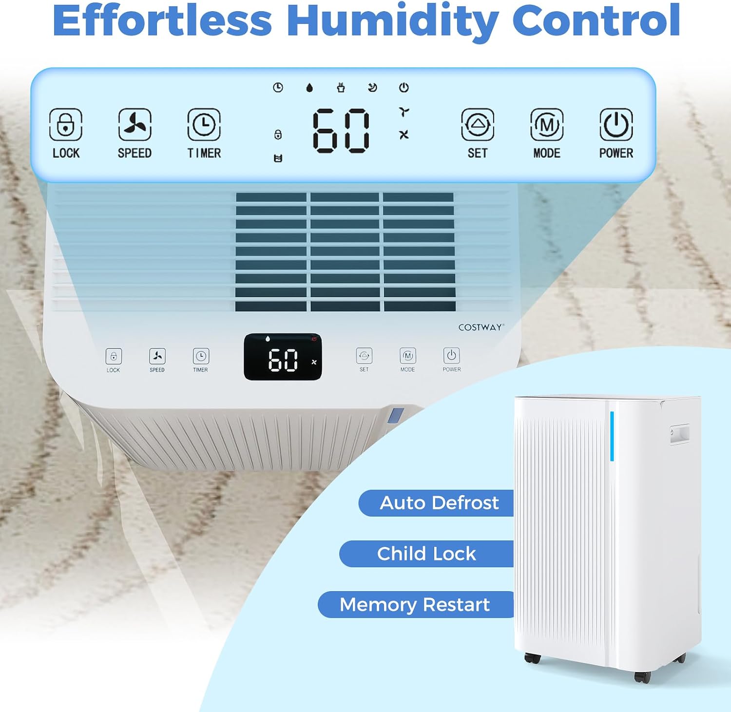COSTWAY 54 Pints Dehumidifier for Basement, 4500 Sq.Ft Portable Dehumidifier with Drain Hose, 1.1 Gal Water Tank, 3 Modes, 24 H Timer, 3-Color Light, Auto Defrost, Memory, Child Lock