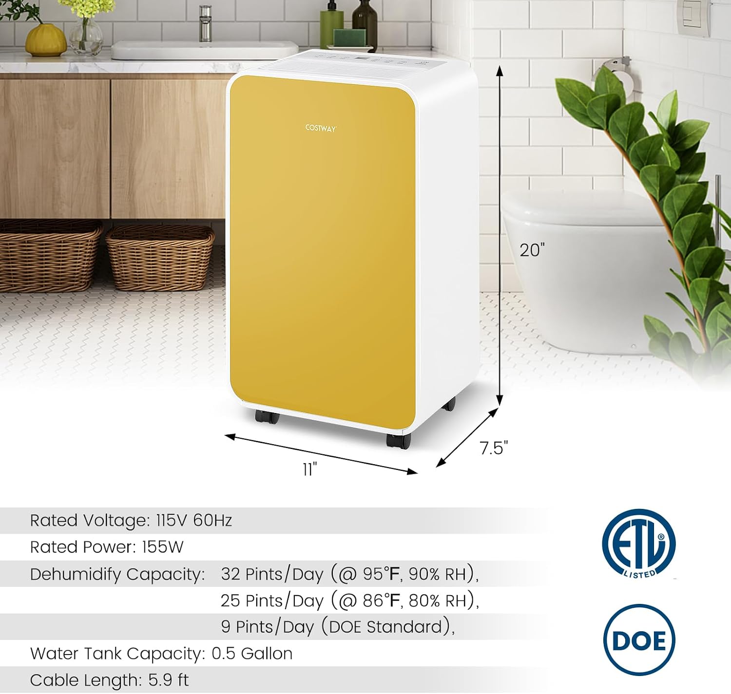 COSTWAY 2500 Sq. Ft Dehumidifier for Basement, 32 Pints Portable Quiet Dehumidifier for Bedroom Bathroom with Sleep Mode, 24H Timer, Auto Shut Off, Auto Defrost & Drain Hose (Yellow)