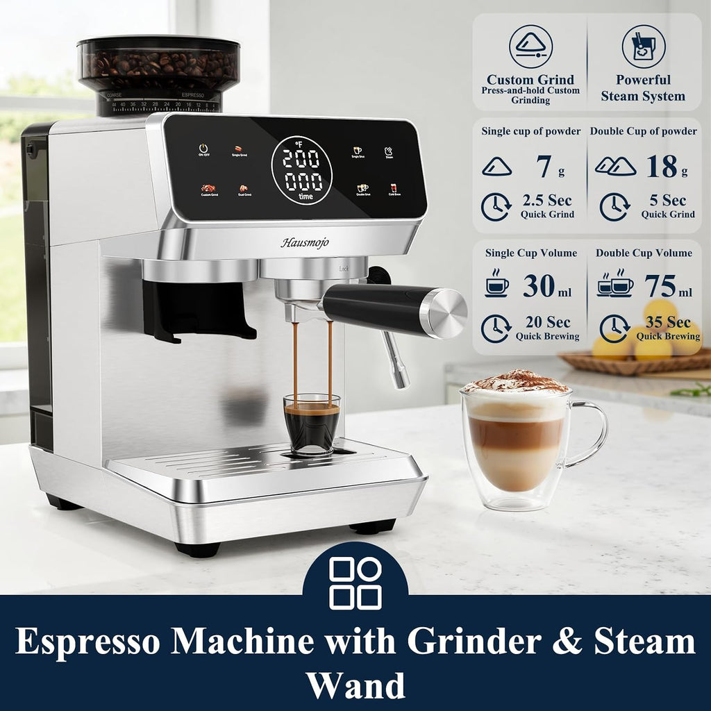 CM1620 Espresso Machine with Built-in Burr Grinder, 20 Bar Bean-to-Cup Espresso Maker with 44 Grind Settings & Steam Wand, Touchscreen Coffee Machine for Latte, Cappuccino & Iced Coffee