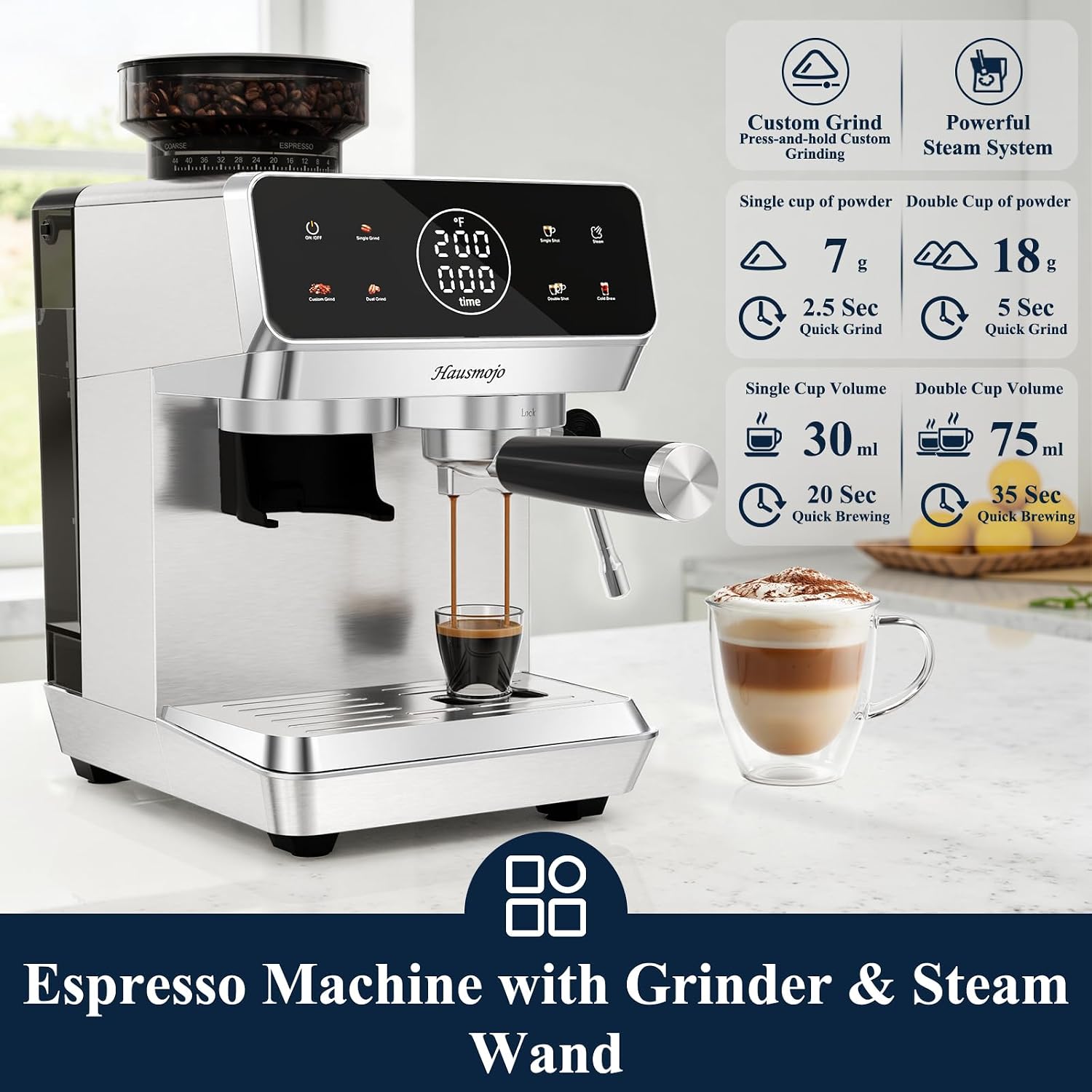 CM1620 Espresso Machine with Built-in Burr Grinder, 20 Bar Bean-to-Cup Espresso Maker with 44 Grind Settings & Steam Wand, Touchscreen Coffee Machine for Latte, Cappuccino & Iced Coffee