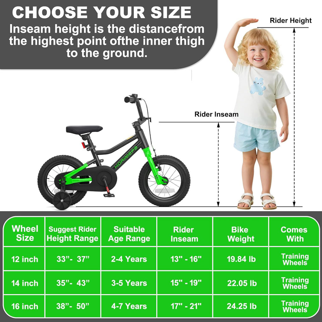 KORIMEFA Kids BMX Bike for 2-8 Years Old, 12 14 16 Inch Coaster Brake Bicycle with Removable Training Wheels, Children Bike for Little Boys & Girls, Rider Height 33-50 Inch