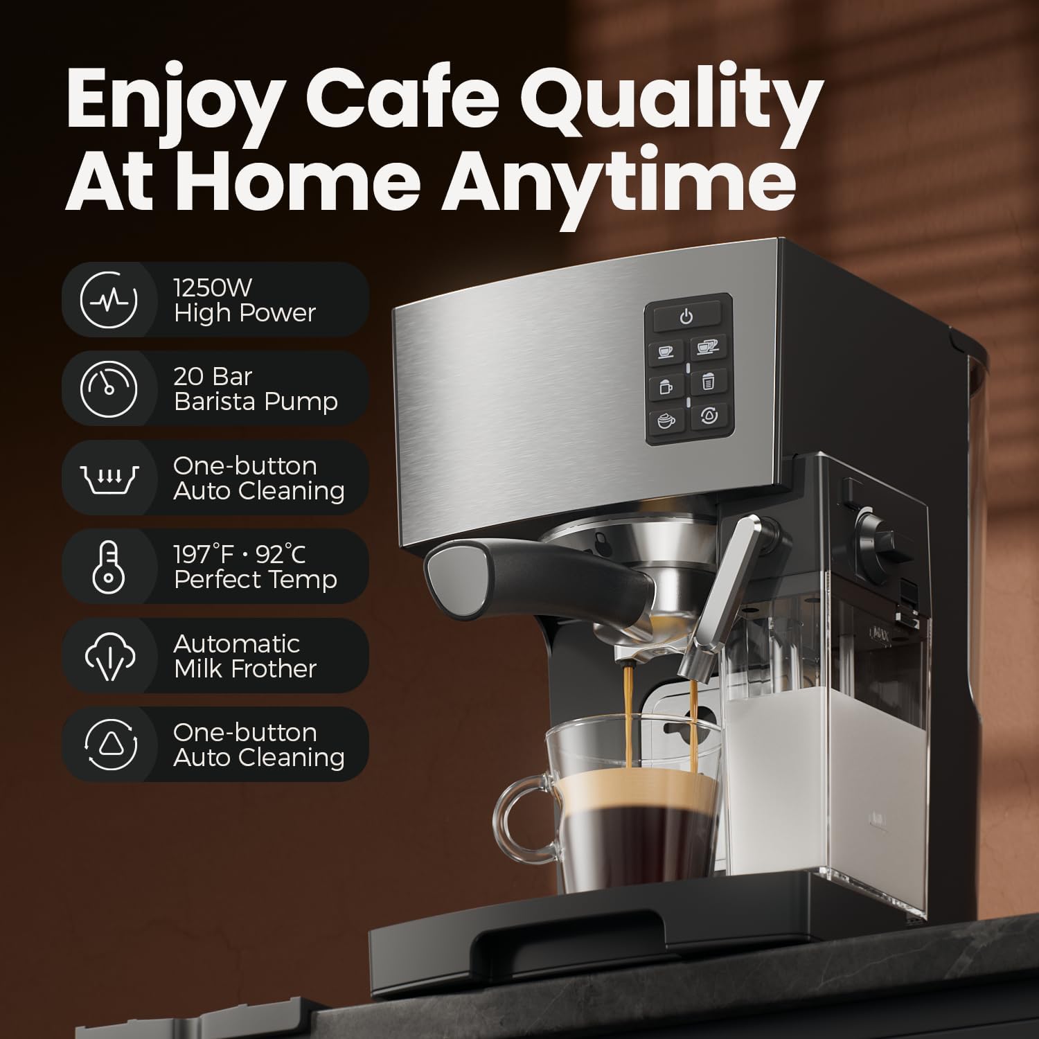 Espresso Machine 20 Bar - Espresso & Coffee Maker with Automatic Milk Frother, Cappuccino Machine, Latte Maker for Home, office, 1250W