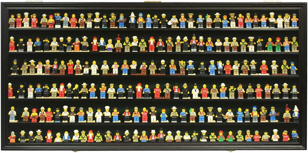 DisplayGifts Toy Minifigures Miniatures Display Case Frame Wall Cabinet Stand 200 Toys Dust Protection Black