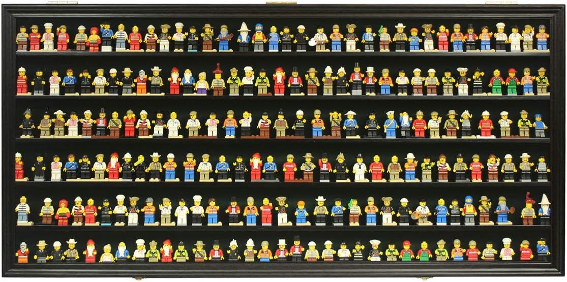 DisplayGifts Toy Minifigures Miniatures Display Case Frame Wall Cabinet Stand 200 Toys Dust Protection Black
