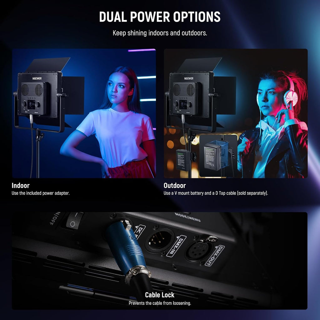 NEEWER 2 Pack PL60C RGB LED Panel Video Light Kit with 6.6ft/2m Spring Cushioned Tripod Stands/Bag, APP/2.4G/DMX Control, 60W 2500-10000K Pro Photography Studio Recording Streaming Key Lighting