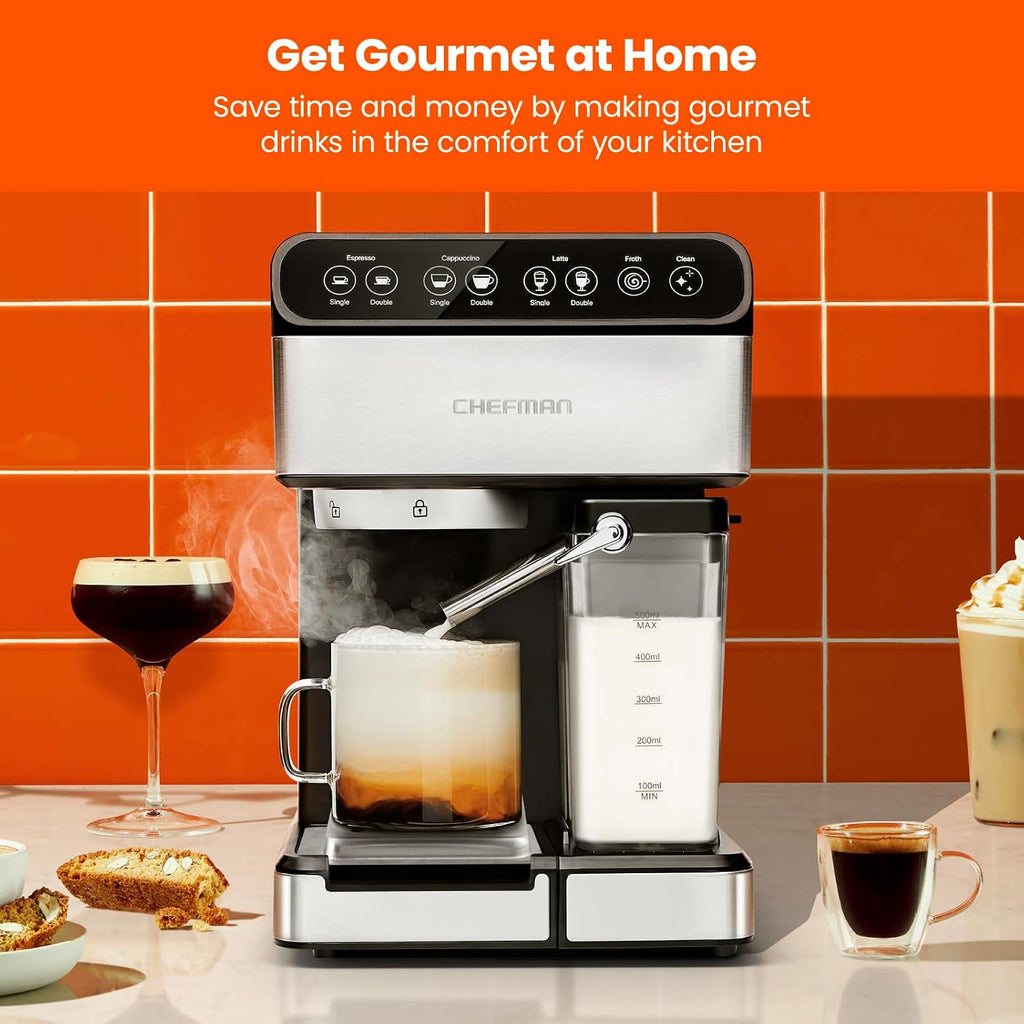 Chefman 6-in-1 Espresso Machine with Built-In Milk Frother, 15-BAR Pump, Digital Display, One-Touch Single or Double Shot for Cappuccinos and Lattes, XL 1.8-L Water Reservoir, Stainless Steel