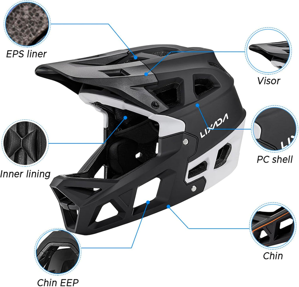 Lixada Adult Bike Helmet, Full Face Mountain Bike Helmet Lightweight Bicycle Helmet with Pads & Visor, Comfort Cycling Helmet Racing Downhill MTB Helmet for Men Women