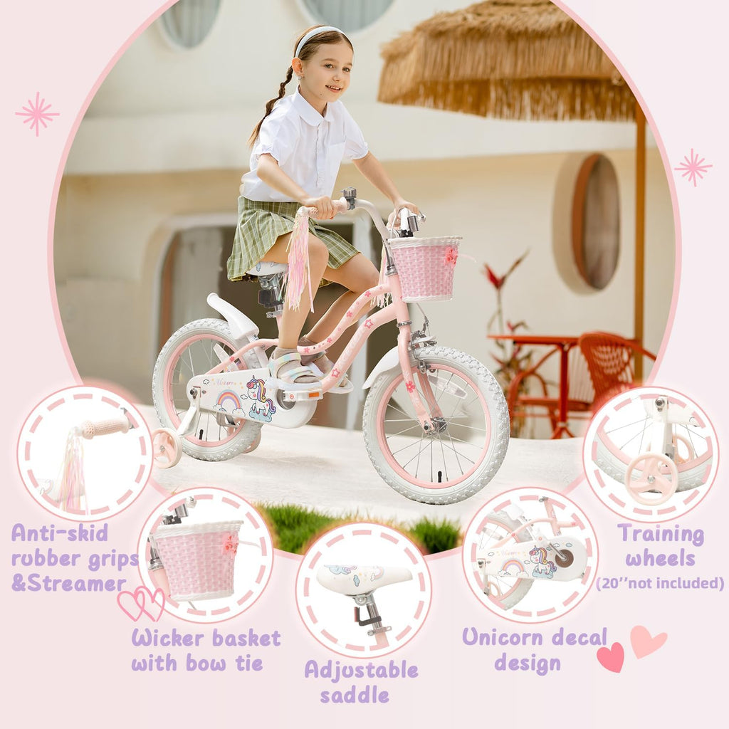 Bixike Princess Style Girls Bike with Basket for 2-13 Years Old Kids and Toddlers, 12 14 16 18 Inch Bicycle for Children with Training Wheels and Streamers, 20 Inch with Kickstand, Multiple Colors