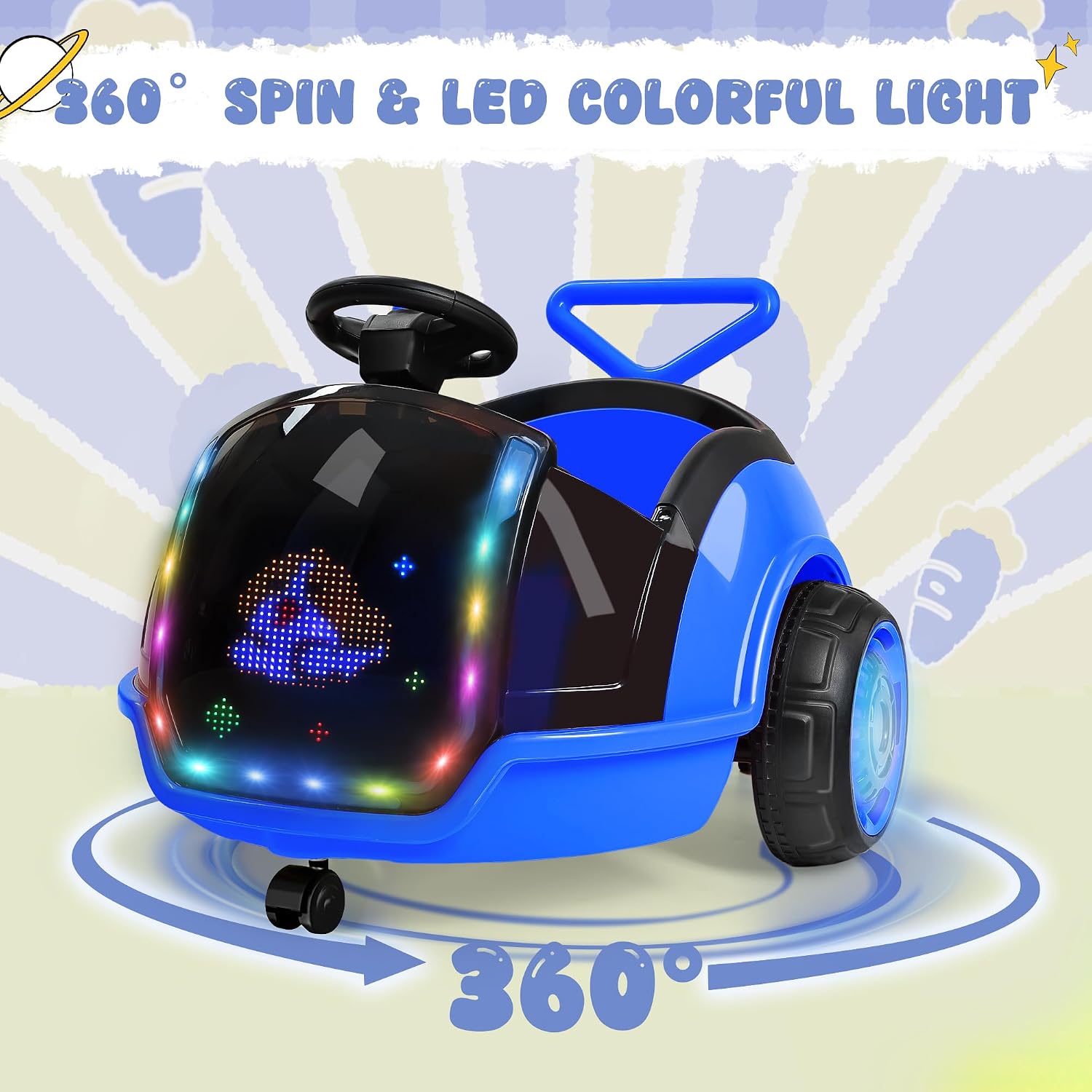 ANPABO 3-in-1 Electric Push Ride On Car, 12V Kids Ride On Toy w/Remote Control, 360° Spin, LED Display, 5-Point Safety Belt, Colorful LED Light, Music Player, Push Car for Toddler Ages 1-3 (Blue)