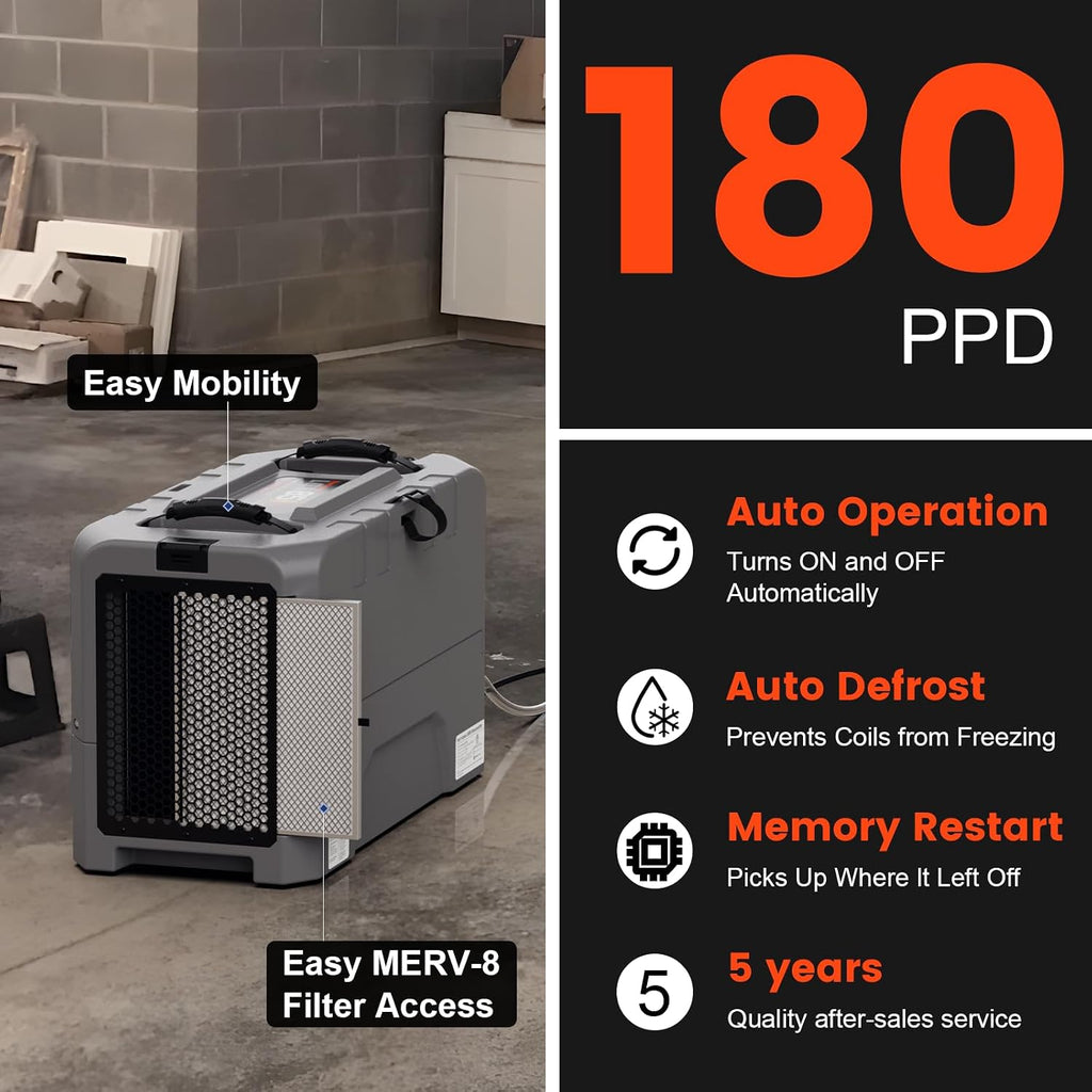 Abestorm LGR Commercial Dehumidifier, 180 PPD Crawl Space Dehumidifier with Pump, Drain Hose, Auto Defrosting Dehumidifiers for Crawl Space, Large Space, Basement, Industrial Use