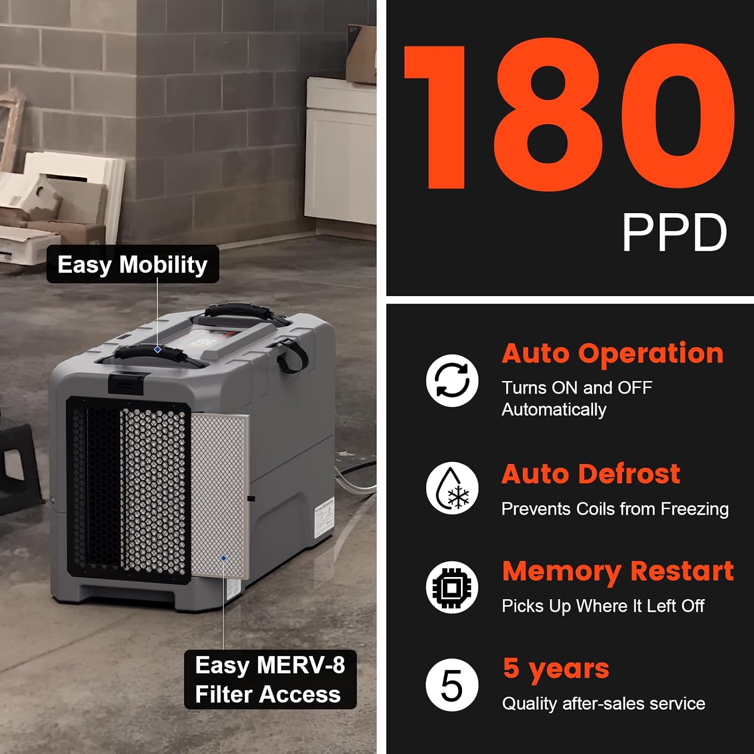 Abestorm LGR Commercial Dehumidifier, 180 PPD Crawl Space Dehumidifier with Pump, Drain Hose, Auto Defrosting Dehumidifiers for Crawl Space, Large Space, Basement, Industrial Use