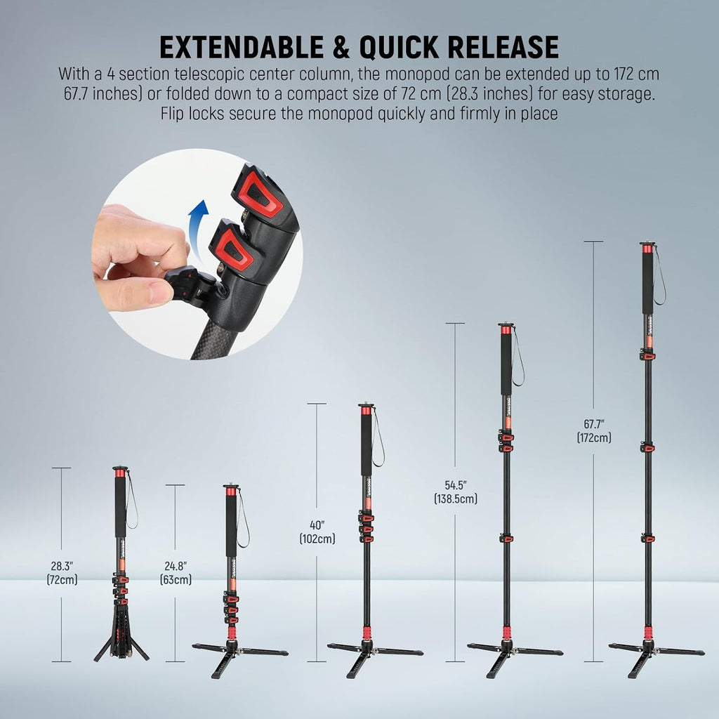 NEEWER 67.7' Camera Monopod Stand, Lightweight Carbon Fiber Travel Tripod with Detachable Base for DSLR Camcorder Video Recording, Telescopic Selfie Stick Trekking Pole, Max Load 13.2lb, TP71
