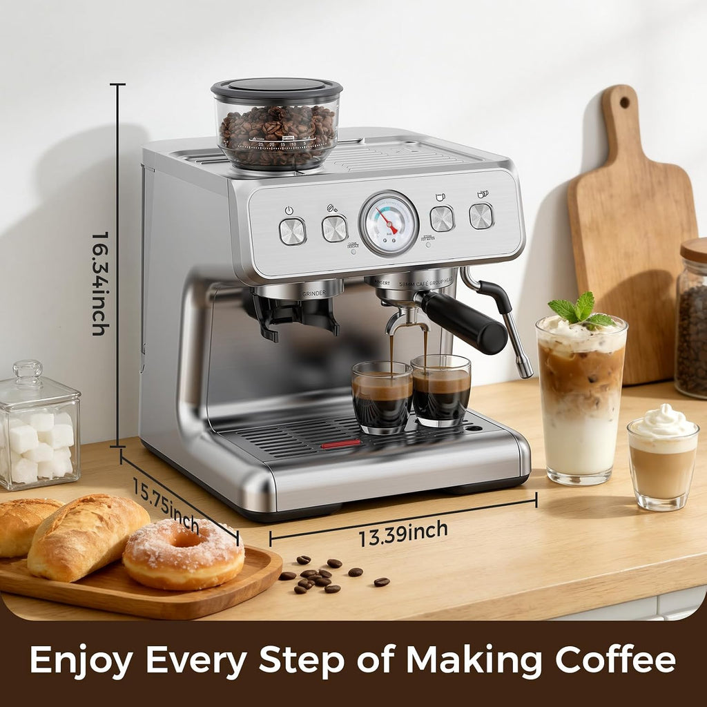Electactic 15 Bar Espresso Machine with Grinder & Milk Frother, 58mm Expresso Coffee machines, Stainless Steel Coffee Maker for Cappuccino and Latte, Perfect for Home and Café Use-Dual Boiler