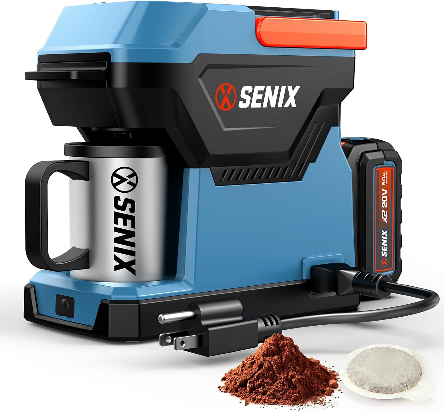 SENIX Portable Coffee Maker with 5000mAh Battery, Dual AC/DC Electric Coffee Machine for Car/RV/Camping, Cordless Outdoor Travel Brewer Compatible with Ground & ESE Pods, Included Cup