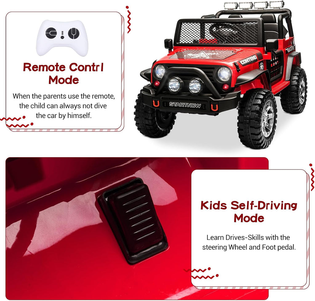 SEHOMY 2-Seater Ride on Truck, 12V Battery Powered Kids' Electric Vehicle w/Remote Control, 3 Speeds, Spring Suspension, LED Headlight, Horn, Music/ MP3, Safety Belt, Ride on Toys Car for Kids (RED)