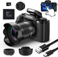 8K Digital Camera for Beginner, Vloggin Camera for YouTube, Autofocus, WiFi, 4 Inch Touchscreen, 16X Digital Zoom, 3000mAh Battery, Dual-Lens, Lens Hood, 32GB TF Card and Flash,Black