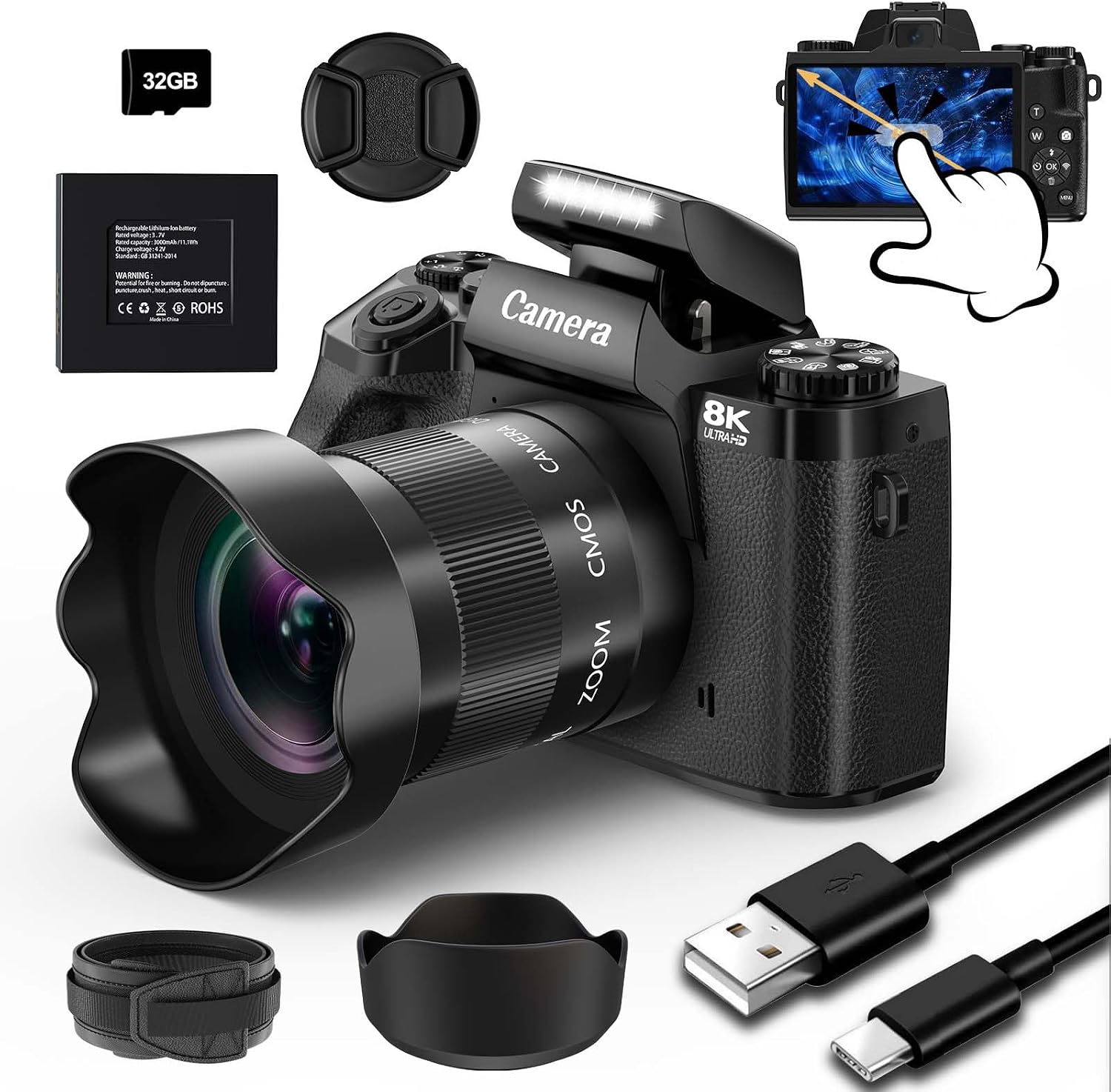 8K Digital Camera for Beginner, Vloggin Camera for YouTube, Autofocus, WiFi, 4 Inch Touchscreen, 16X Digital Zoom, 3000mAh Battery, Dual-Lens, Lens Hood, 32GB TF Card and Flash,Black