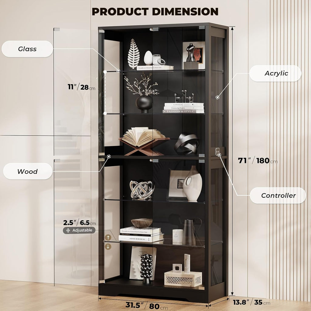 BROTTAR Display Cabinet with Glass Door, 6-Tier 71' Curio Cabinet with 3 Color Lights for Collectibles, Display Case with Adjustable Glass Shelves, Human Body Sensor, Storage Cabinets, Black