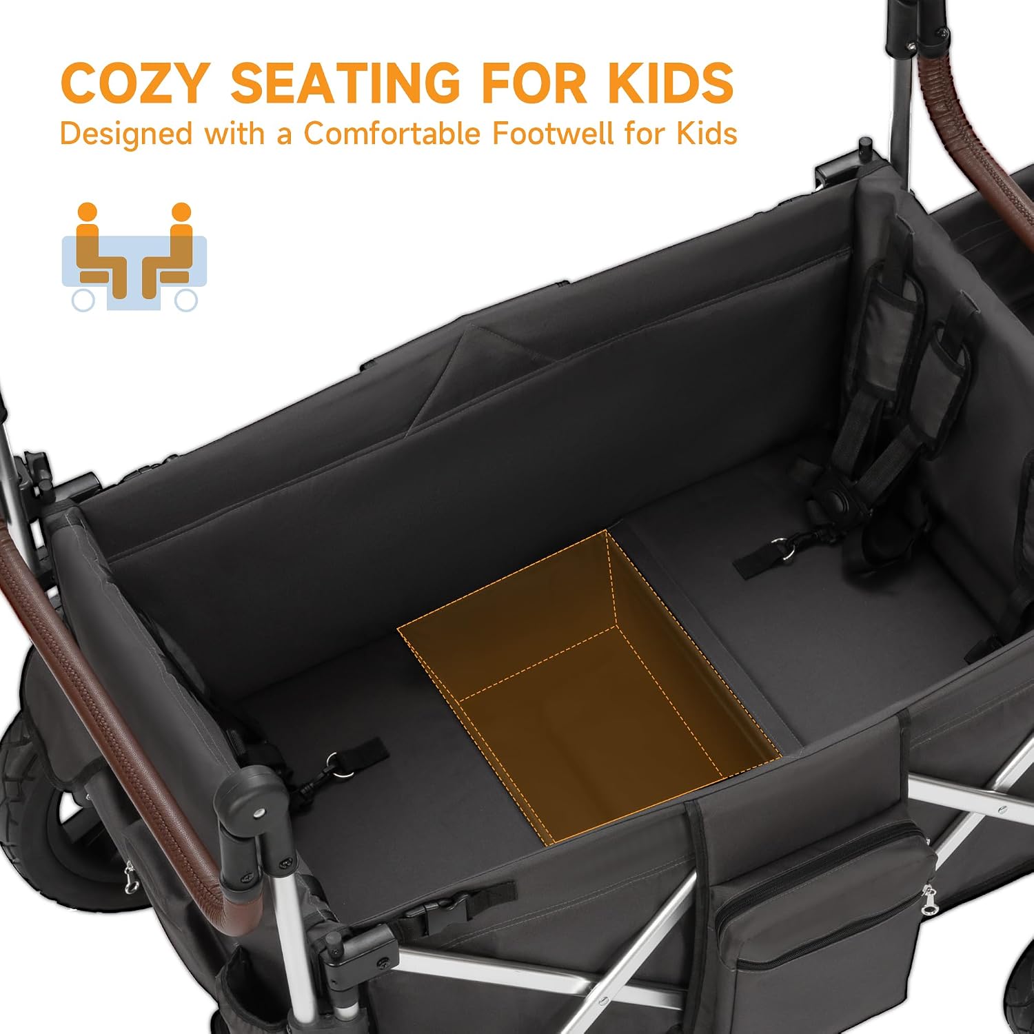 Stroller Wagon 4 Seater, Folding Push Wagon for 4 Kids, Collapsible with 5-Point Safety Belt and Canopy, Adjustable Handle, All-Terrain Mobility
