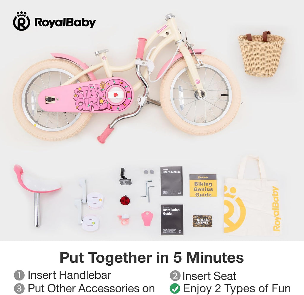 RoyalBaby Girls Bike, Stargirl EZ Kids Bike Balance and Pedal Bicycle with Basket and Dual Handbrake, 12 14 16 18 Inch Toddlers to Big Kids 3-8 Years, Multiple Colors