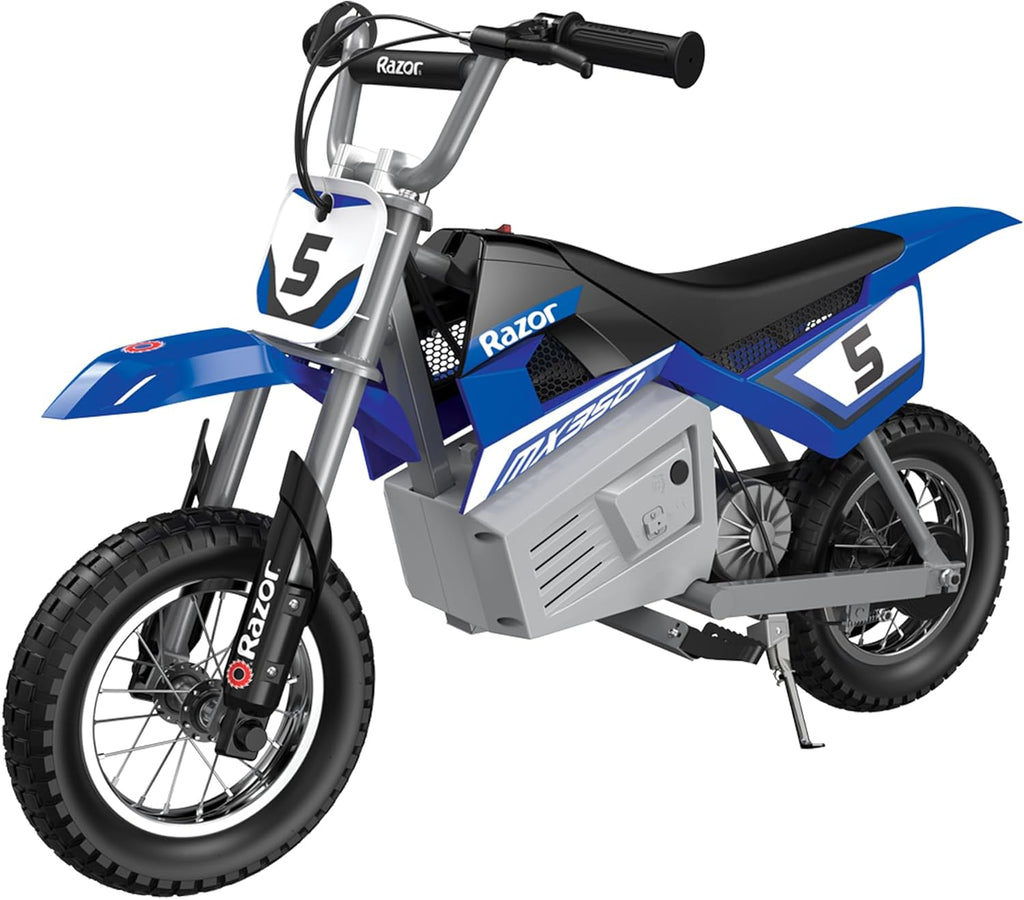 Razor MX350 Dirt Rocket Electric Bike for Kids Ages 8+, 140 lb Max Weight, Blue – 24V Battery, Up to 14 Mph, 30-Min Ride Time on High Speed, Twist-Grip Throttle, Spoked Wheels w/ 12' Pneumatic Tires