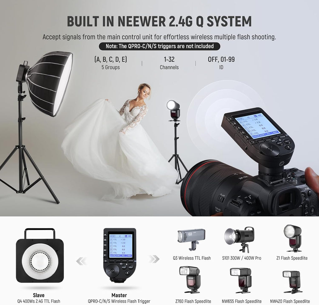 NEEWER Q4 400Ws 2.4G TTL Outdoor Studio Flash Strobe (New Look) Compatible with Godox, 1/8000 HSS 2800mAh Photography Monolight 30W Modeling Lamp/400 Full Power Flash/0.01-1.2s Recycle/Bowens Mount