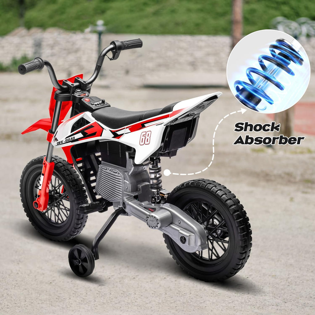 12V Kids Motorcycle w/Treaded Tires, 3.1mph Top Speed, Kids Motorcycle w/Training Wheels, Spring Suspension, Ideal for Toddlers 3-6 Years Old, Red