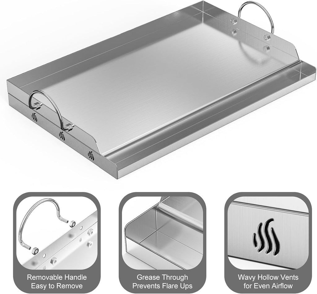 onlyfire Stainless Steel BBQ Griddle, Outdoor Flat Top Griddle Pan with Grease Groove and Handles for Gas and Charcoal Grills, 25'x16'