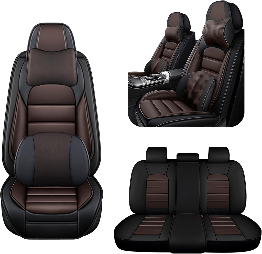 5 Car Seat Covers for Infiniti QX80 2000-2026 Breathable Leather,Waterproof Cars Seat Protectors with Comfort Headrest Pillows,Automotive Vehicle Cushion with Storage Pockets (Luxury,Brown)