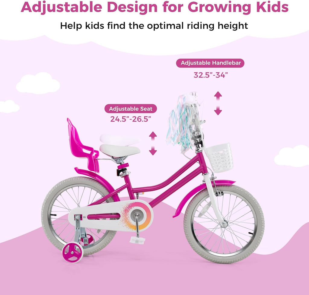 BABY JOY Kids Bike, 12 14 16 18 20 Inch Girls Bike w/Detachable Training Wheels or Kickstand, Storage Basket, Adjustable Seat & Handlebar, Bow or Streamer, Children Bicycle for 3-8 Years Old