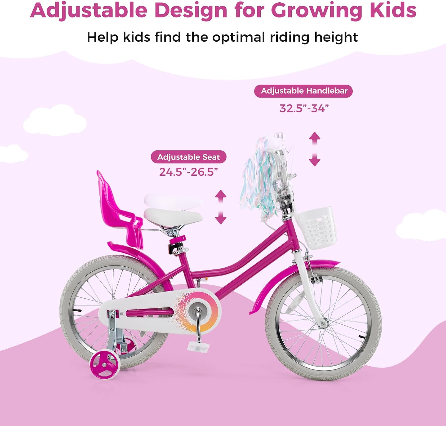 BABY JOY Kids Bike, 12 14 16 18 20 Inch Girls Bike w/Detachable Training Wheels or Kickstand, Storage Basket, Adjustable Seat & Handlebar, Bow or Streamer, Children Bicycle for 3-8 Years Old
