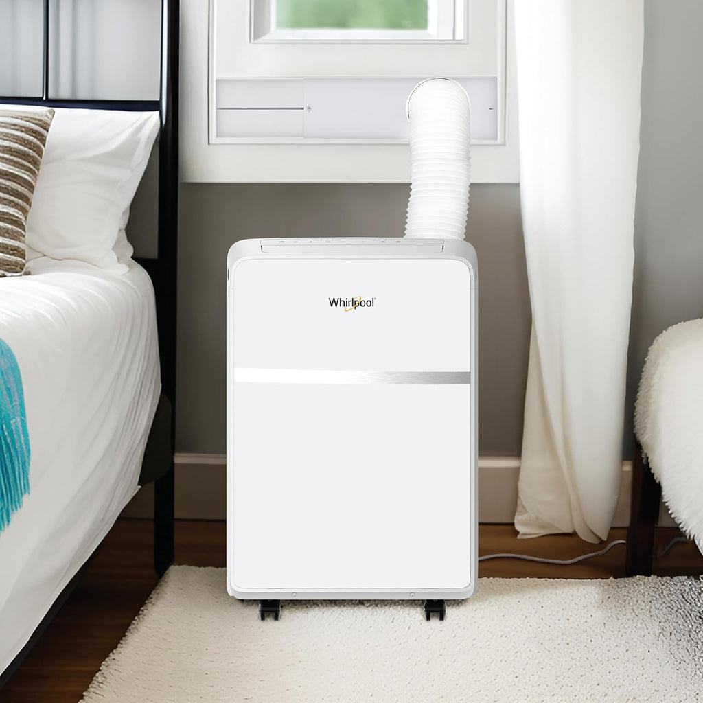 Whirlpool 8,000 BTU Portable Air Conditioner with Dehumidifier for Apartment, Bedroom, Small Rooms up to 200 Sq. Ft., 115V, with 3 Speeds, 24H Timer, and Remote Control, White