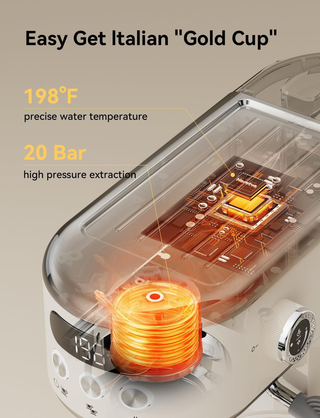 Neretva Espresso Machine 20 Bar, Super Compact Espresso Maker Stainless Steel Professional Espresso Maker Machine with Power Steam & LED Display for Home Barista Latte and Cappuccino Maker-Beige