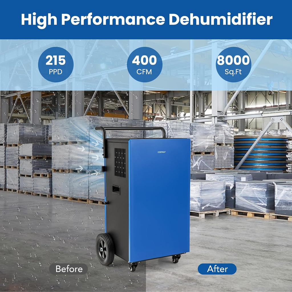 COSTWAY 215 Pint Commercial Dehumidifier, 8,000 Sq.Ft Industrial Dehumidifier with Drain Hose, 24H Timer & 4 Wheels, Ideal for Basement, Warehouse, Job Sites, Water Damage Restoration