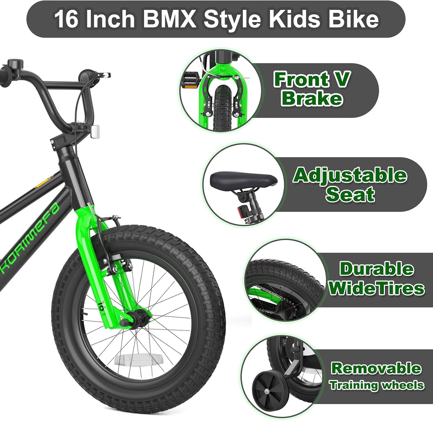 KORIMEFA Kids BMX Bike for 2-8 Years Old, 12 14 16 Inch Coaster Brake Bicycle with Removable Training Wheels, Children Bike for Little Boys & Girls, Rider Height 33-50 Inch