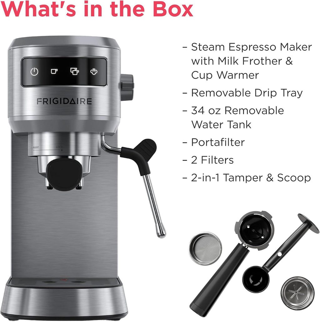 Frigidaire Steam Espresso Maker, Coffee Machine with Milk Frother & Cup Warmer, 20 Bar Pressure, 34 oz Removable Water Tank, Single or Double Shot, Stainless Steel