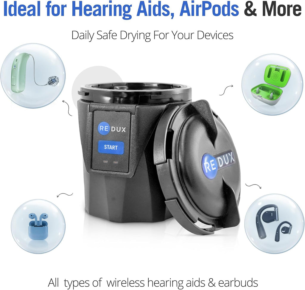 Home Hearing Aid Dryer and Dehumidifier - Hearing Aid Dehumidifier with Self Recharging Desiccant & App Connectivity, Safe for Rechargeable Hearing Aids and AirPods, No Refills, 100% Moisture Removal