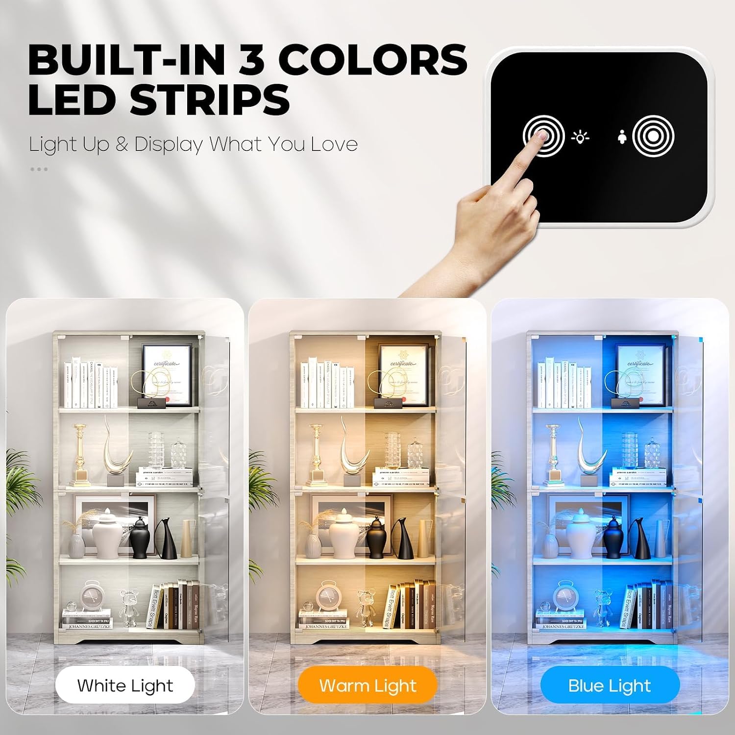 BROTTAR Display Cabinet with Glass Doors, 4-Tier Curio Cabinet with 3 Color Lights for Collectibles, Glass Display Case with Human Body Sensor, Bookcase with 4 Shelves, Storage Cabinets, Gray