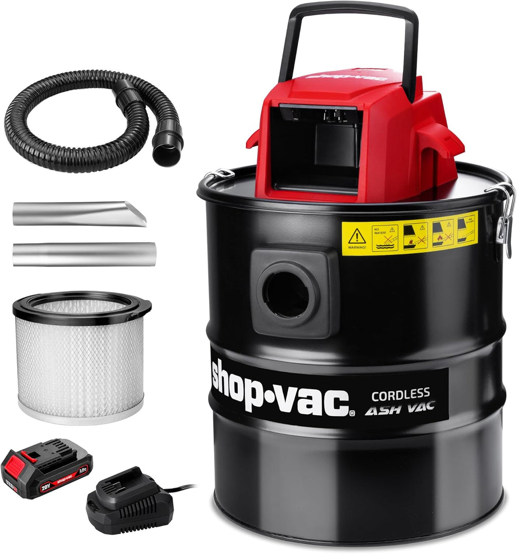 Shop-Vac 5430024 5 Gallon Cordless Ash Vac, 20V Battery, 1.5 in Diameter x 4 Ft Lock-On Hose, Stainless Steel Tank, Includes Blow Feature, Metal Nozzle and Crevice Tool