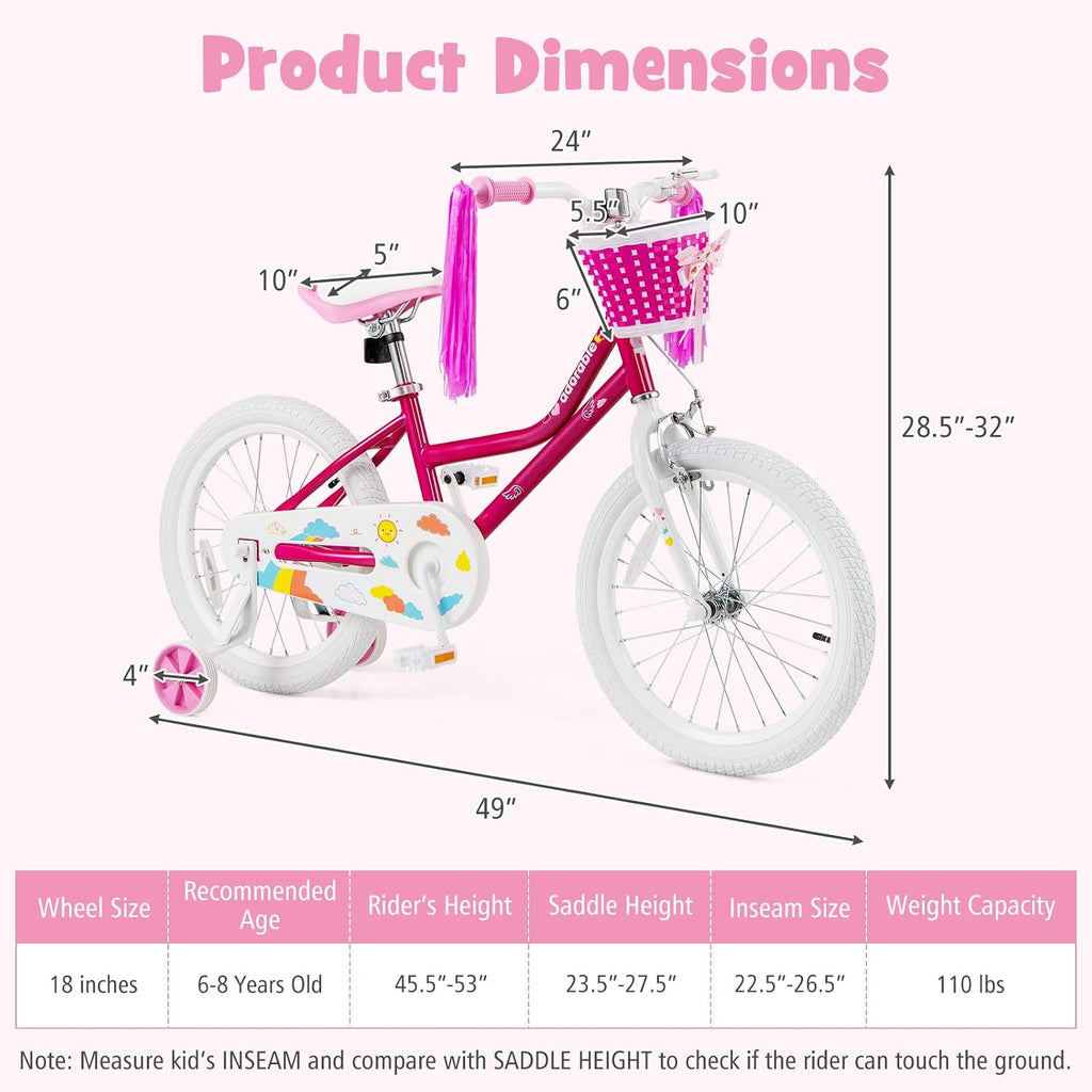 BABY JOY Girls Bike, 12' 14' 16' 18' Kids Bike for 3-8 Years Old with Training Wheels, Adjustable Seat & Handlebar, Handbrake & Coaster Brake, Children Bicycle