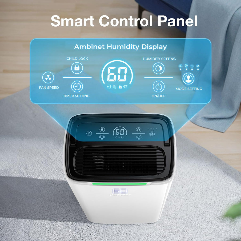 PLUSCENT 52 Pint Dehumidifier for Home and Large Basements, Up to 5000 Sq.Ft Coverage, Quiet 40dB, Continuous Drain Hose Included, Smart Humidity Control, 4 Modes, Auto Defrost, 24H Timer