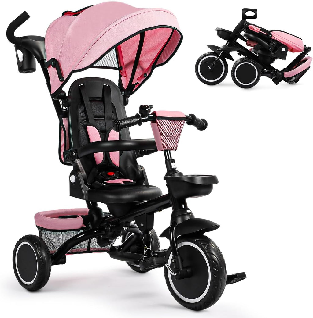 TODEFULL Folding Kids Tricycle, 8 in 1 Toddler Trike W/Removable & Adjustable Canopy, Parent Handle, 5-Piont Harness, Toddler Bike Tricycle for Kids 1-6 Years, EVA Wheels, Storage Basket, Pink